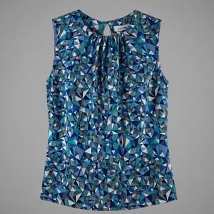 Calvin Klein Womens Blue Geometric Mosaic Pleated Sleeveless Shell Top Small P